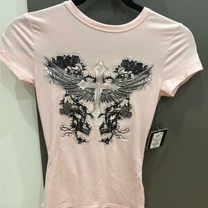 Charlotte Russe Light Pink Tee with Cross and Wings Design